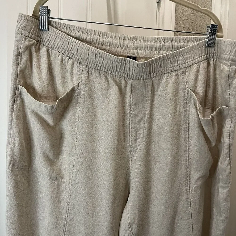 Old Navy Linen Blend Beige Cream Pull On Pants Beachy Coastal Pockets Womens 2XL